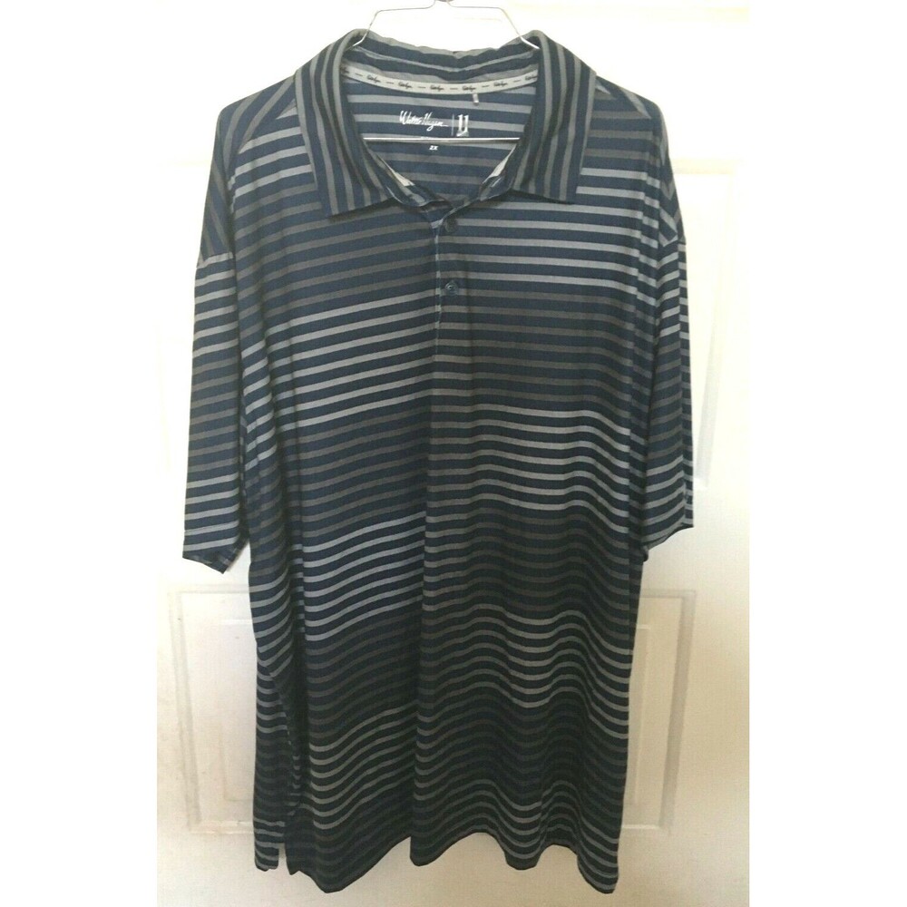Walter Hagen 11 Majors Polo Blue Gray Stripes 2X Short Sleeve EUC Free Shipping